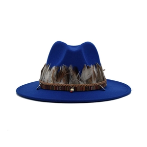 Detailed close-up of dark blue felt fedora featuring natural feathers and ethnic band