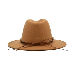 Classic camel wool felt fedora with leopard print leather band and decorative knot