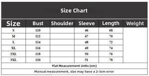 Size chart for knit cable hoodie showing measurements for S to 3XL in centimeters