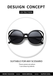 Detailed view of black round sunglasses featuring unique double hollow frame and UV protection