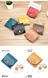 Close-up of vintage leather coin purses with metal snap closure in multiple colors