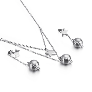 Elegant silver star and planet double layer necklace with matching earrings jewelry set