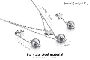 Detailed view of silver stainless steel star and planet jewelry set with precise measurements