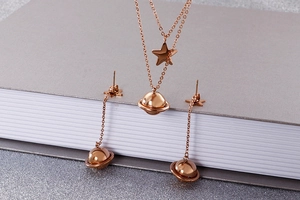 Detailed view of rose gold star and planet jewelry set including necklace and earrings
