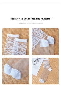 Detailed close-up showing white transparent mesh socks with wave pattern on woven mat