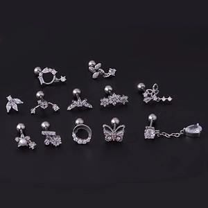 Variety of 16G stainless steel stud earrings with zircons and silver flower designs