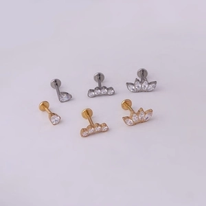 Set of 6 G23 titanium teardrop and flower zircon labret studs in gold and silver finish