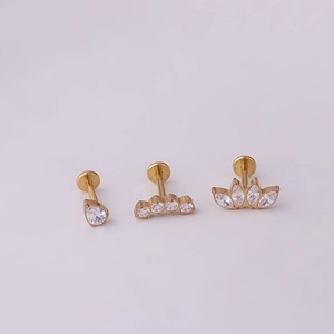 G23 titanium gold stud earrings with teardrop zirconia and crown shape piercings