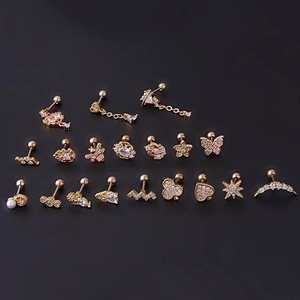 16-piece set of 20G stainless steel ear studs with gold finish and sparkling zircons