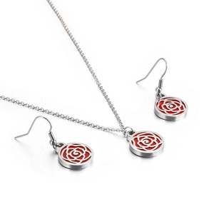 Fashion flower jewelry set with red rose pendant necklace and matching hook earrings