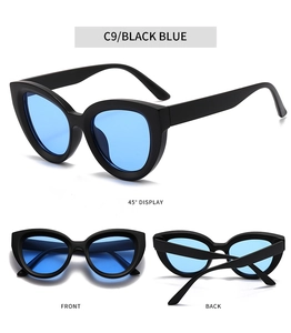 Detailed views of black cat-eye sunglasses with blue lenses from multiple angles