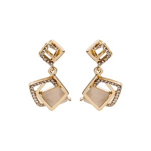 925 silver needle geometric square earrings with opal stone and sparkling rhinestones