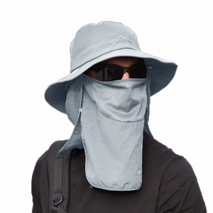 Breathable outdoor sun hat with face mask and neck flap in light gray finish