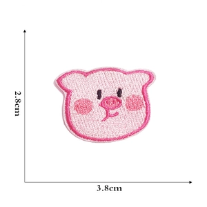 Detailed view of pink pig embroidery patch with dimensions 3.8cm width and 2.8cm height