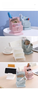 Detailed tiered desktop organizer with hollow woven texture for pens and cosmetics