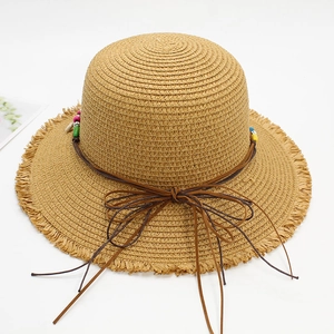 Ethnic straw sun hat with shell tassel fringe for women and kids summer beach trips