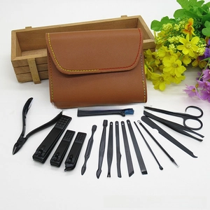 16-piece black matte manicure set with luxury leather case and grooming tools