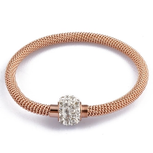 Detail of rose gold mesh bracelet with sparkling crystal paved charm bead