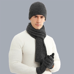 Three-piece winter knit set with thick ribbed scarf, hat, and gloves in mixed gray