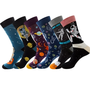 Pack of six space-themed crew socks featuring astronaut and planet designs on white background