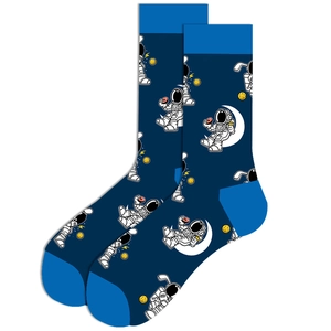 Detail of blue astronaut mid-calf socks featuring creative cartoon patterns and cosmic motifs