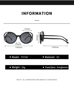 Detailed size specifications for YT7747 stylish oval sunglasses with PC frame