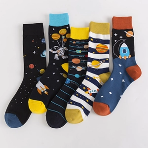 Five pairs of men's cotton crew socks featuring space astronaut and rocket patterns