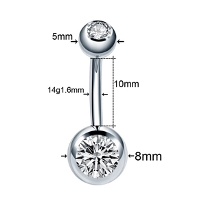 Surgical steel belly button ring with zircon stones and precise size dimensions