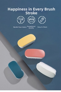 Detailed view of four colorful oval laundry brushes with stiff bristles for deep cleaning