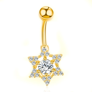 Piercing ombligo de acero dorado con colgante de estrella hexagonal y circonitas brillantes