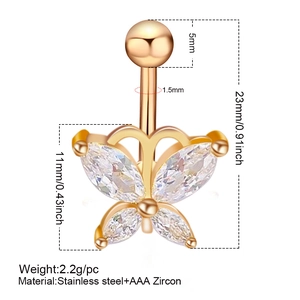 Goldener Schmetterling Bauchnabelpiercing aus Edelstahl mit AAA Zirkonia Maßen