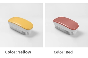 Detail view of red and yellow laundry brushes with stiff white bristles and ergonomic handles