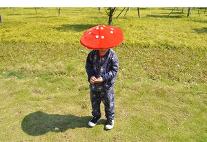 Detail van rode paddenstoelmuts met witte stippen in fluweel voor kindervoorstellingen