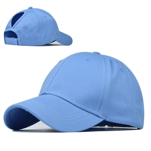 Detail of light blue ponytail baseball cap showing the functional rear cutout and velcro strap