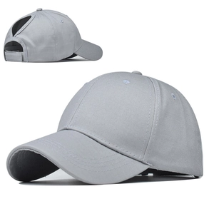 Close-up of light grey cotton ponytail baseball cap with V-shaped back opening
