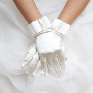 Satin Short Gloves With Bow And Artificial Pearl Decoration Elegant Wedding Party Formal Accessories For Women