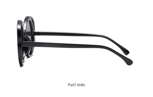Side view of black round oversized sunglasses showing sleek temples and glossy finish