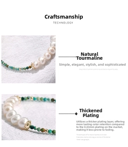 Macro detail of natural tourmaline beads and freshwater pearls with gold plating