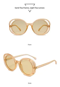 Detailed front and side view of round oversized sunglasses in sand tea frame and tint lenses