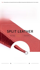 Detail showing genuine split leather strap texture and dimensions of the car keychain
