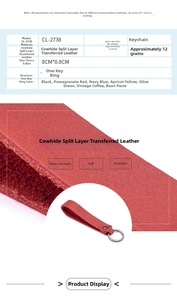 Detailed specs of split cowhide leather keychain CL-2738 showing durable soft texture