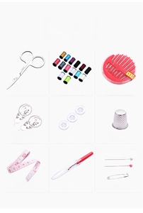 Detailed grid view of 10-piece portable sewing kit with 14 colorful thread spools and tools