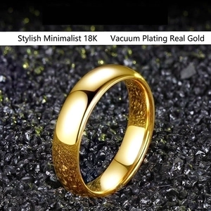 Polished minimalist 18K gold-plated titanium steel ring on black pebble background