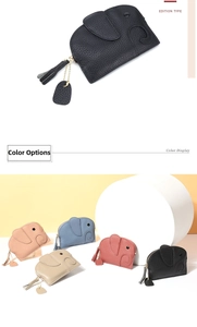 Detail view of mini elephant leather coin purses showing various colors and tassel zippers
