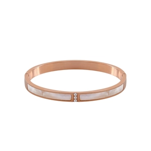 Minimalist rose gold stainless steel bangle with white shell inlay and three small diamonds