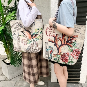 Ethnic canvas tote bags with vintage bird and coral prints for women's daily commute
