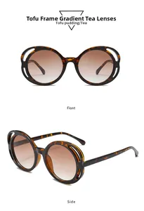 Detail showing round tortoise shell sunglasses with gradient brown lenses and hollow temples