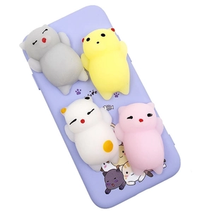 Detail of lavender silicone phone case with four 3D soft squeeze cartoon animal squishies