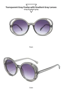 Detail view of round oversized sunglasses with double-layered hollow frames and gradient lenses