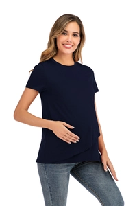 Dunkelblaues Umstands-T-Shirt mit kurzen Ärmeln, Rundhalsausschnitt und Stillfunktion für Damen